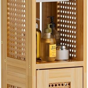 AmazerBath Toilet Paper Holder Cabinet, Bamboo Toilet Paper Holder Stand for Bathroom, Small Toilet Paper Storage Cabinet with Rattan Door, 30.3x7.8x7 inches