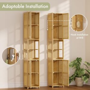 Amazer 70'' Tall Bathroom Storage Cabinet Bamboo, Narrow Storage Cabinet with Rattan Doors and Adjustable Shelves, Slim Freestanding Organizer for Living Room, Kitchen, Natural Color