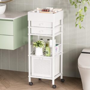 Amazer Bamboo Makeup Organizer Cart with 3 Drawers, Floor Skin Care Storage for Bathroom Bedroom, Rolling Vanity Organizer Cart for Cosmetic, Nail Polish, Perfume and Hair Tools