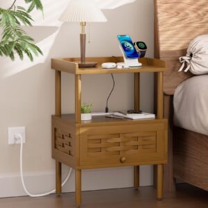 Amazer Nightstand with Charging Station, Bedside Table Bamboo with USB Ports & Outlets, Night Stand for Bedroom, End Table Living Room with Lift-Up Drawer & Open Shelf, Natural Color