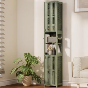 Amazer 70'' Tall Bathroom Storage Cabinet Bamboo, Narrow Storage Cabinet with Rattan Doors and Adjustable Shelves, Slim Freestanding Organizer for Living Room, Kitchen, Natural Color