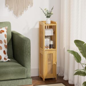AmazerBath Toilet Paper Holder Cabinet, Bamboo Toilet Paper Holder Stand for Bathroom, Small Toilet Paper Storage Cabinet with Rattan Door, 30.3x7.8x7 inches