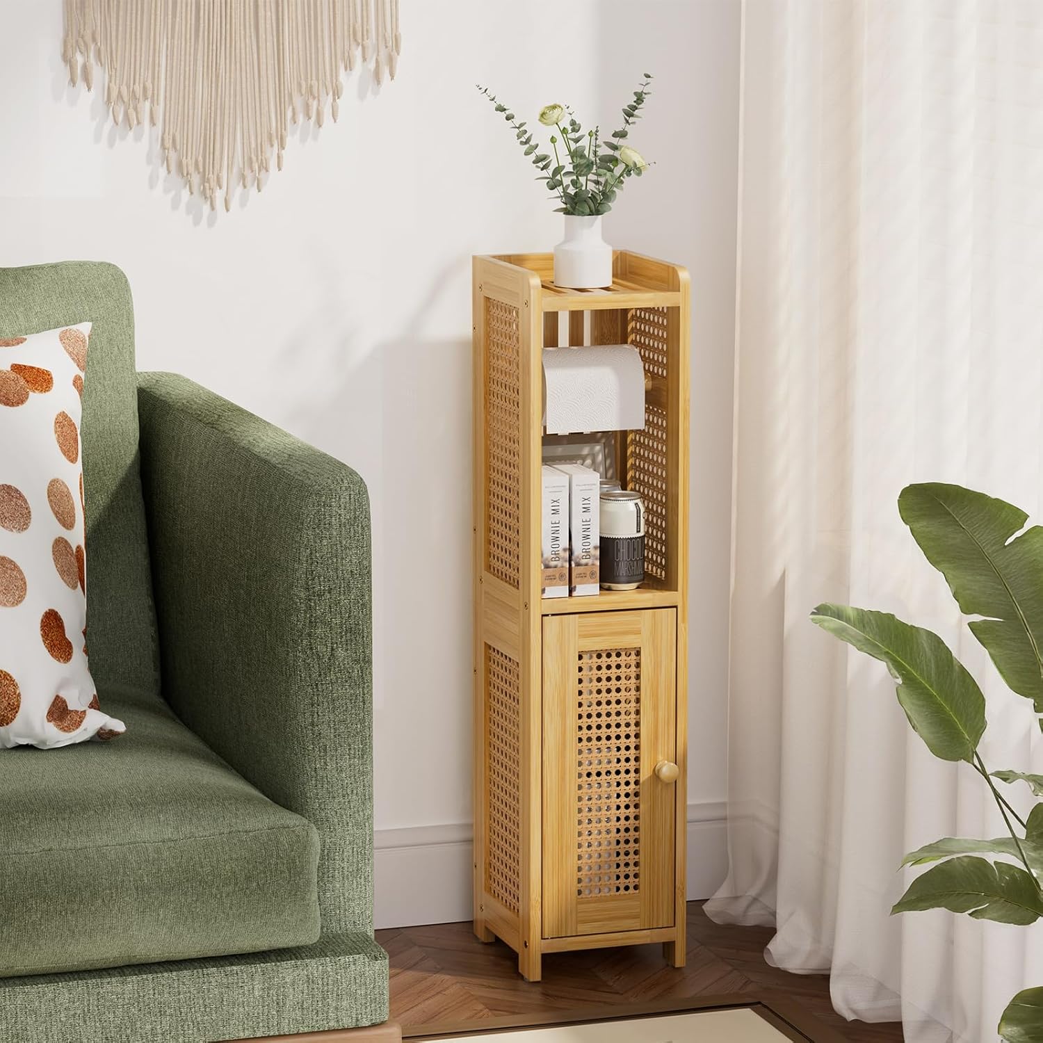 AmazerBath Toilet Paper Holder Cabinet, Bamboo Toilet Paper Holder Stand for Bathroom, Small Toilet Paper Storage Cabinet with Rattan Door, 30.3x7.8x7 inches