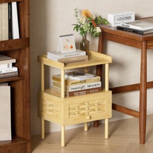 Amazer Nightstand with Charging Station, Bedside Table Bamboo with USB Ports & Outlets, Night Stand for Bedroom, End Table Living Room with Lift-Up Drawer & Open Shelf, Natural Color